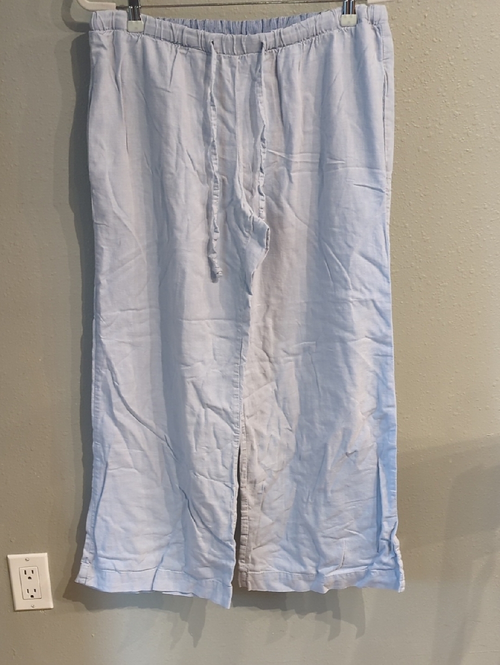 Linen Made In Indonesia Women's Beach Vacation Wide Leg Pants Light Blue Pockets